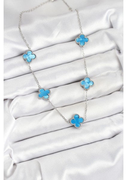 Bfs 316L Çelik Zincir Gümüş Buz Mavisi Renk Yonca Kadın Kolye fiyatları