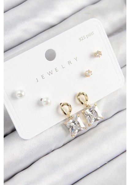 Bfs Pirinç Zirkon Taşlı Sallantılı Kare Model Gold Renk 925 Ayar Gümüş Çivi Kadın Küpe Se