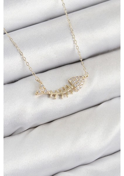 Bfs Pirinç Zirkon Taşlı Balık Kılçığı Model Gold Renk Kadın Kolye