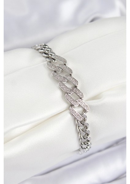 Bfs Pirinç Zirkon Taşlı Ezme Küba Zincir Model Gümüş Renk Kadın Bileklik