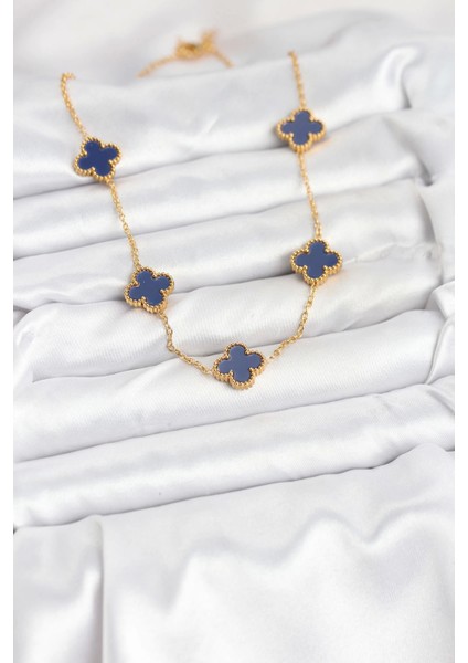 Bfs 316L Çelik Zincir Gold Renk Lacivert Yonca Kadın Kolye fiyatları