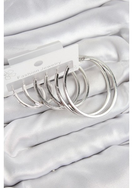 Bfs Pirinç Halka Model Gümüş Renk Kadın Set Küpe