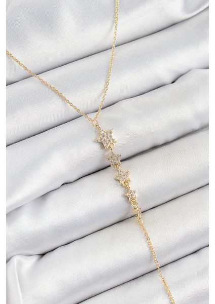Bfs Pirinç Zirkon Taşlı Sıralı Yıldız Figürlü Y Model Gold Renk Kadın Kolye