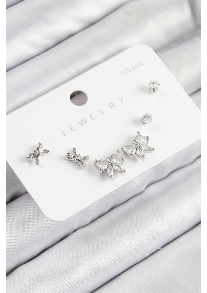 Bfs Pirinç Zirkon Taşlı Fiyonk Model Gümüş Renk 925 Ayar Gümüş Çivi Kadın Küpe Set