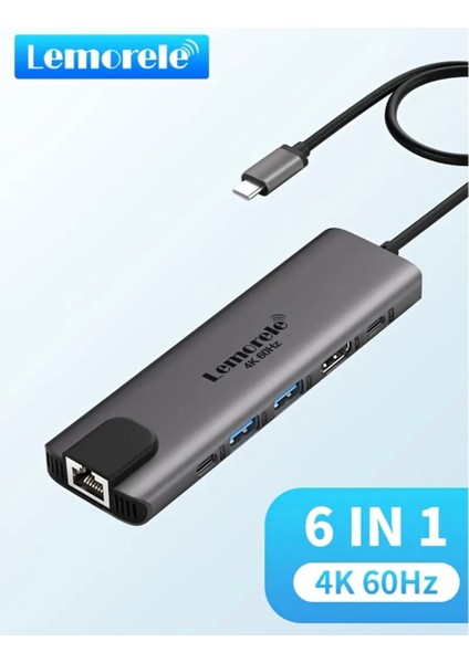 6'nın 1'i Type-C Pd 100W/ HDMI 4K/RJ45 1000Mbps./Usb 3.0 Hub Çoklayıcı Çoğaltıcı Adaptör Ce Lisanslı Orjinal modelleri