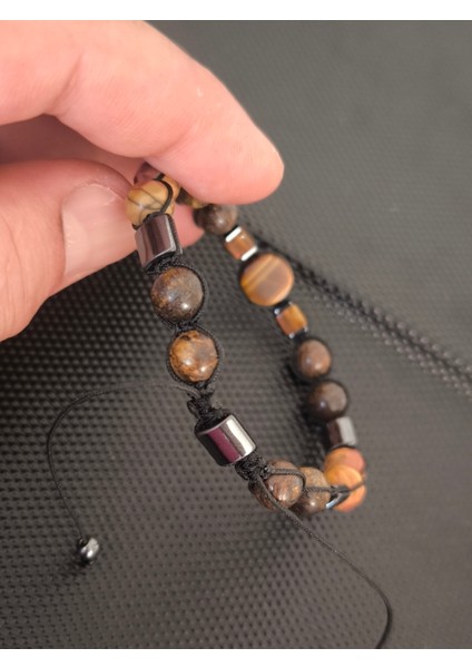 Bronzit-Kaplangözü-Jasper-Damla Kehribar Doğaltaş Bileklik Takı Aksesuar Erkek Bileklik