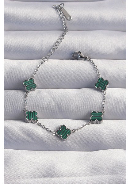 Bfs 316L Çelik Baby Boy Gümüş Renk Çizgili Yeşil Mineli Yonca Bileklik