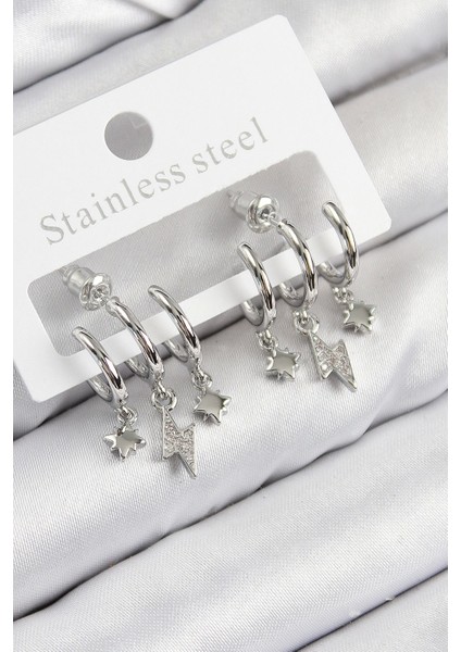 Bfs Pirinç Zirkon Taşlı Şimşek Model Gümüş Renk Kadın Küpe