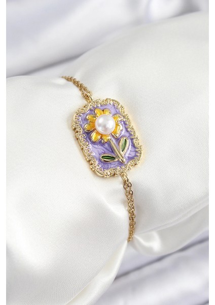 Bfs 316L Çelik Zincir Mor Mineli Sanatsal Portre Inci Detaylı Papatya Model Gold Renk Kadın Bile