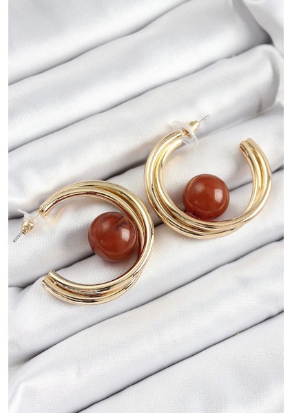 Bfs Pirinç Gold Renk Halka Model Kahverengi Boncuk Detay Kadın Küpe fiyatları