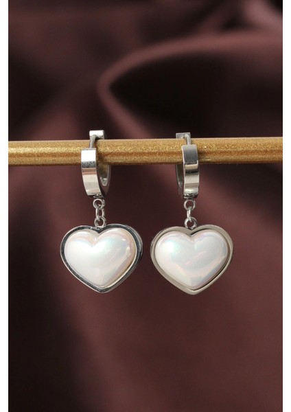 Bfs 316L Çelik Gümüş Renk Beyaz Bombeli Kalp Küpe