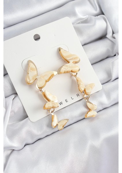 Bfs Pirinç Sedef Sallantılı Mermer Desenli Kelebek Model Gold Renk Vintage Kadın Küpe