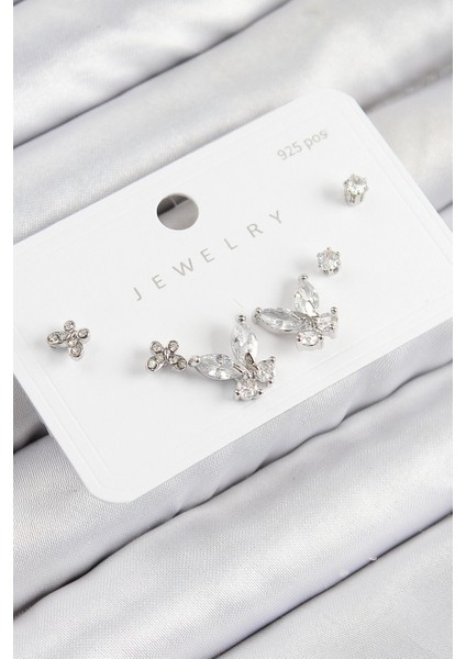 Bfs Pirinç Zirkon Taşlı Kelebek Model Gümüş Renk 925 Ayar Gümüş Çivi Kadın Küpe Set