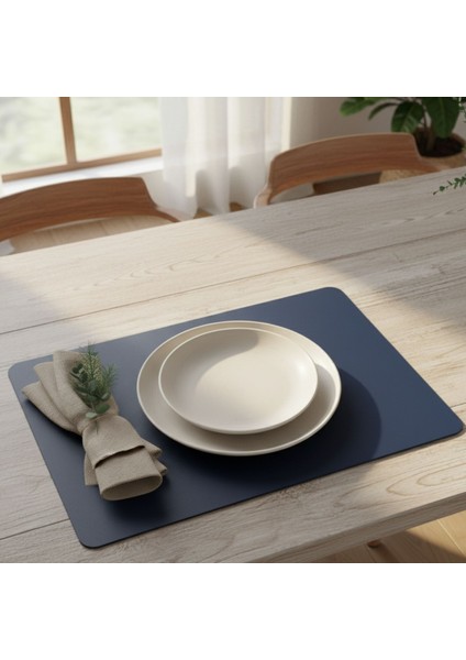 2 Adet Lacivert Deri Amerikan Servis Supla Dikdörtgen Siyah 33X44-KOLAY Silinebilir Supla