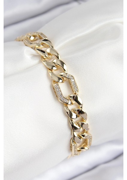 Bfs Vıp Pirinç Zirkon Taşlı Parçalı Zincir Model Gold Renk Kadın Bileklik