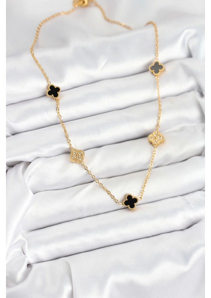 Bfs 316L Çelik Zincir Gold Renk Siyah ve Zirkon Taşlı Baby Boy Yonca Kadın Kolye fiyatları