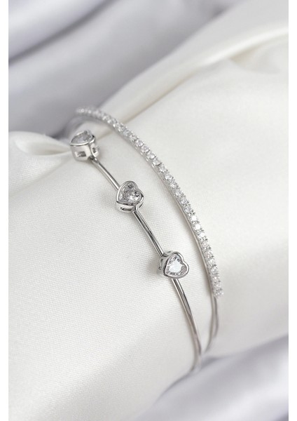 Bfs Pirinç Zirkon Taşlı Kalp Model Gümüş Renk Kadın Bileklik
