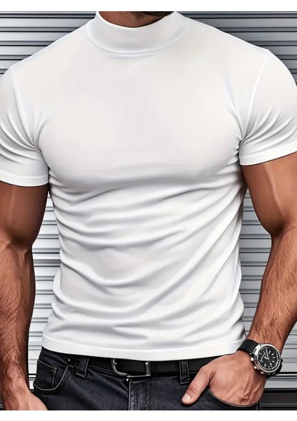 Özel Tasarım Full Likralı Düz Renk Slim Fit Yarım Balıkçı Kısa Kollu Şık Erkek 4 Mevsimlik T-Shırt