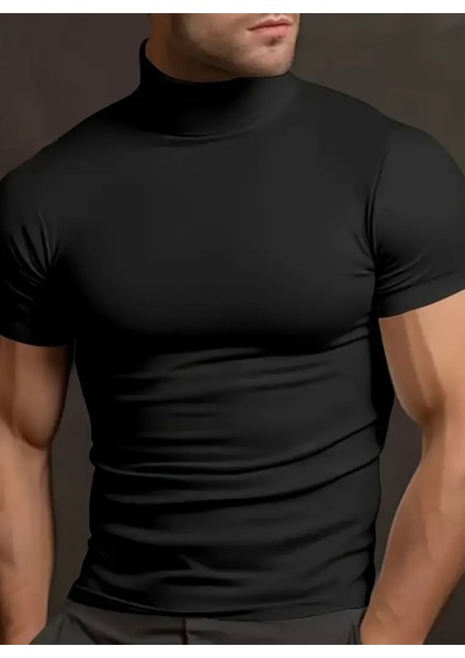 Özel Tasarım Full Likralı Düz Renk Slim Fit Yarım Balıkçı Kısa Kollu Şık Erkek 4 Mevsimlik T-Shırt