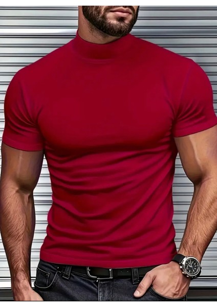 Özel Tasarım Full Likralı Düz Renk Slim Fit Yarım Balıkçı Kısa Kollu Şık Erkek 4 Mevsimlik T-Shırt