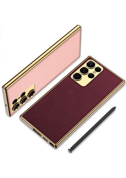 Galaxy S23 Ultra Kılıf Deri Görünümlü Kenarları Elektroplating Kaplama Tcmk Fizyon Kapak-Koyu Yeşil indirimleri