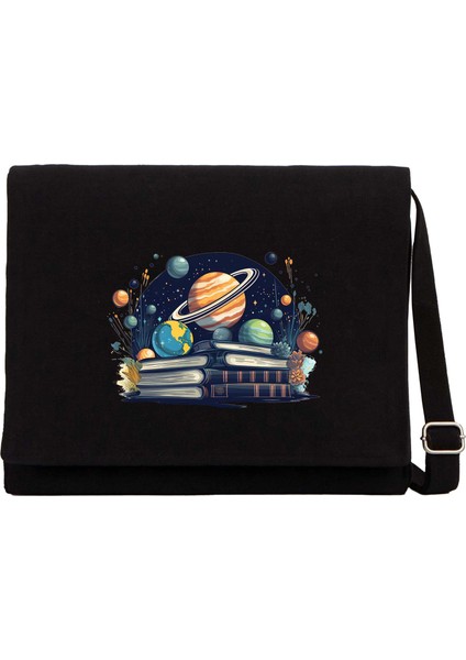 Book Planets Siyah Kanvas Postacı Çantası