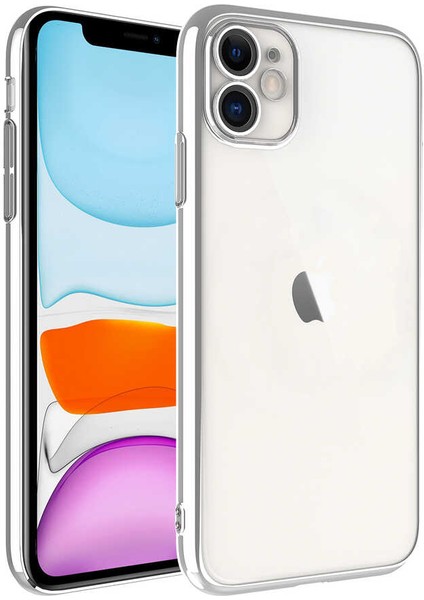 Apple iPhone 11 Kılıf Sert Pc Renkli Çerçeveli Tcmk Riksos Kapak-Gümüş
