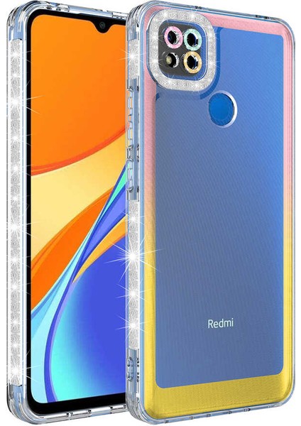 Xiaomi Redmi 9c Kılıf Simli ve Renk Geçiş Tasarımlı Lens Korumalı Tcmk Park Kapak-Pembe-Sarı