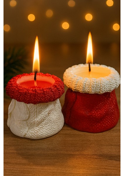 2’li Yılbaşı Örgü Desenli Seramik Tozu Mumluk Seti – Kırmızı Gül Esanslı Soya Wax Mum fiyatları