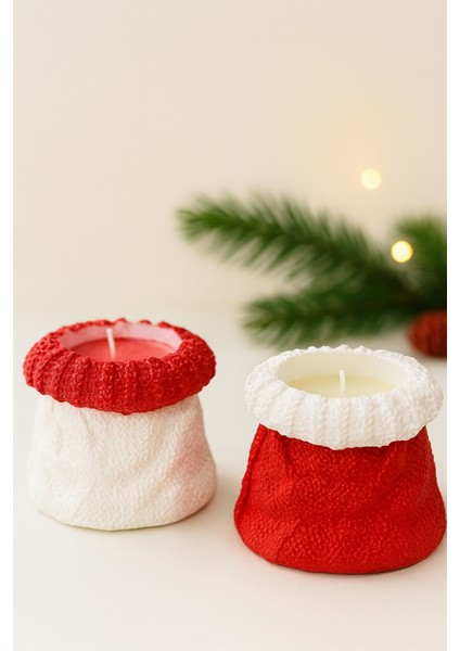 2’li Yılbaşı Örgü Desenli Seramik Tozu Mumluk Seti – Kırmızı Gül Esanslı Soya Wax Mum modelleri