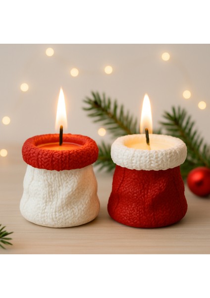 2’li Yılbaşı Örgü Desenli Seramik Tozu Mumluk Seti – Kırmızı Gül Esanslı Soya Wax Mum fırsatları