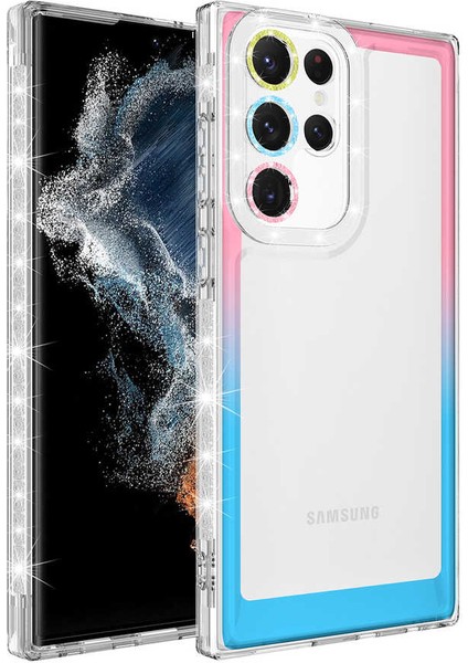 Galaxy S22 Ultra Kılıf Simli ve Renk Geçiş Tasarımlı Lens Korumalı Tcmk Park Kapak-Pembe-Mavi