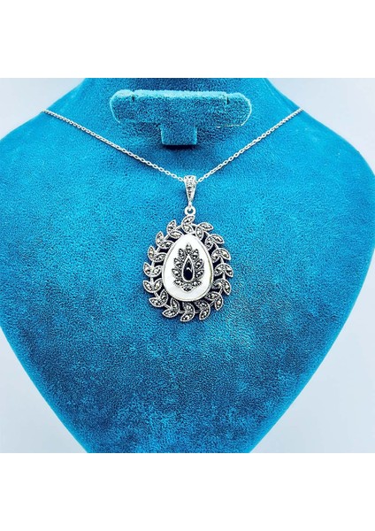 Margazit Sedef ve Oltu Taşı İşçilikli 925 Ayar Gümüş Kolye