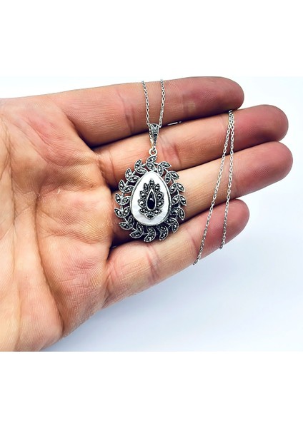 Margazit Sedef ve Oltu Taşı İşçilikli 925 Ayar Gümüş Kolye fiyatları