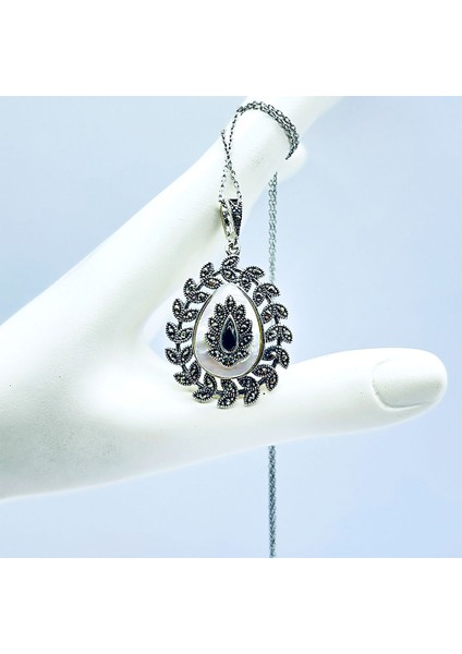 Margazit Sedef ve Oltu Taşı İşçilikli 925 Ayar Gümüş Kolye modelleri