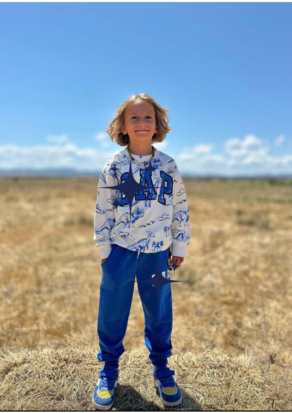 Dinozor Hayvan Figürlü Dijital Baskılı 3 Iplik Şardonsuz Sweatshirt-Eşofman Altı Kışlık Erkek Çocuk Takım