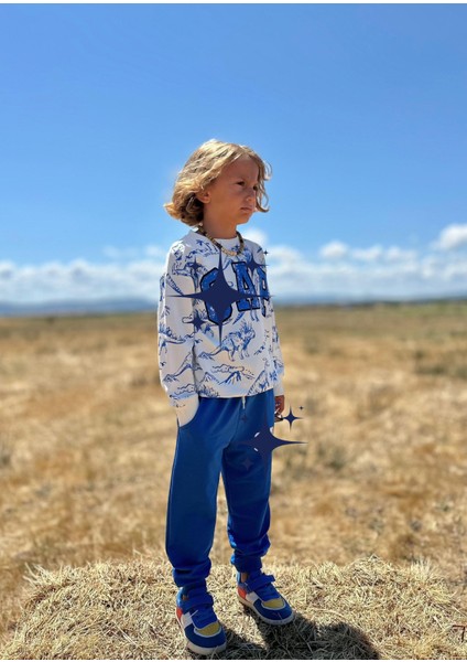 Dinozor Hayvan Figürlü Dijital Baskılı 3 Iplik Şardonsuz Sweatshirt-Eşofman Altı Kışlık Erkek Çocuk Takım modelleri