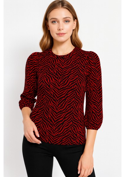Kadın Bisiklet Yaka Esnek Desenli Spor Şık Truvakar Kol Bluz