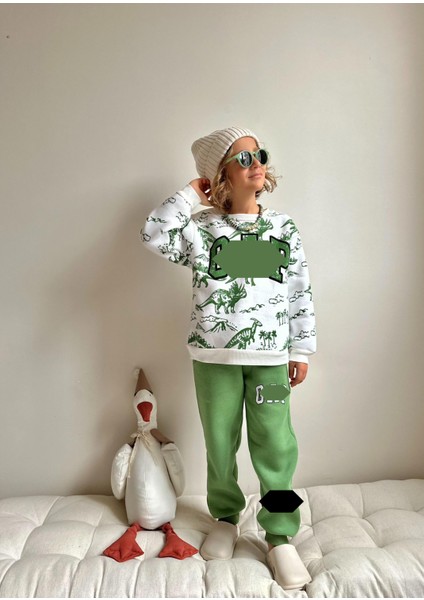 Dinozor Hayvan Figürlü Dijital Baskılı 3 Iplik Şardonsuz Sweatshirt-Eşofman Altı Kışlık Erkek Çocuk Takım