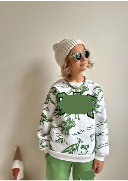 Dinozor Hayvan Figürlü Dijital Baskılı 3 Iplik Şardonsuz Sweatshirt-Eşofman Altı Kışlık Erkek Çocuk Takım modelleri