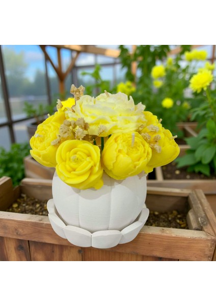 Sarı Çiçekli Balkabağı Vazo Mum – El Yapımı Kokulu Soya Wax Çiçek Mum Seti