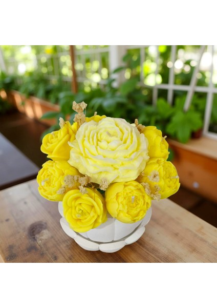 Sarı Çiçekli Balkabağı Vazo Mum – El Yapımı Kokulu Soya Wax Çiçek Mum Seti fırsatları