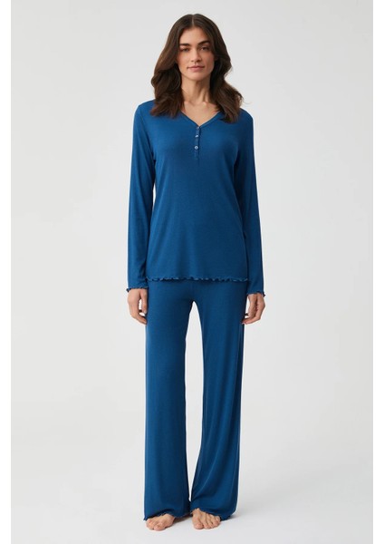 Uzun Kol V Yaka Kadın Pijama Takım 9930