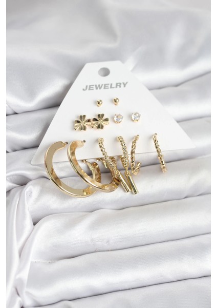 Bfs Pirinç Gold Renk 6 Çift Kadın Küpe Seti