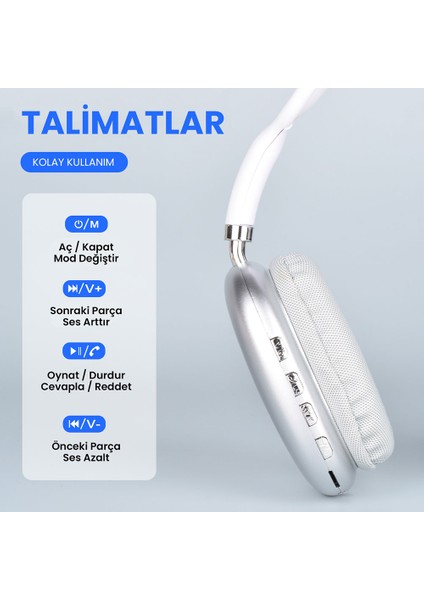 Tcmk P9 Hi-Fi Ses Kalitesi Ayarlanabilir ve Katlanabilir Kulak Üstü Bluetooth Kulaklık-Beyaz fırsatları