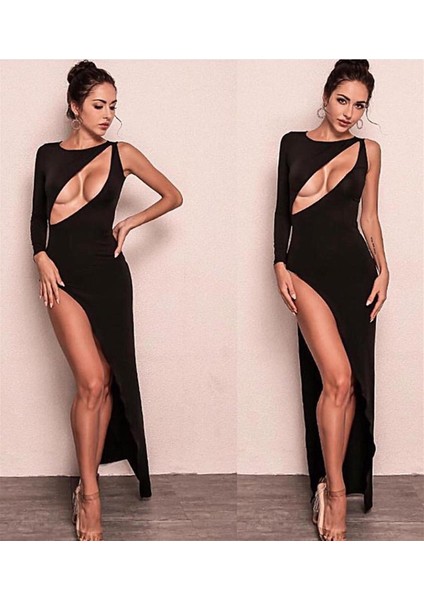 Derin Dekolteli Uzun Yırtmaçlı Elbise - XS - FUŞYA