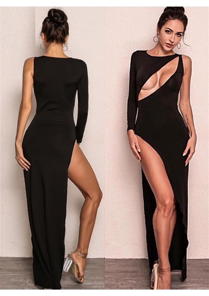 Derin Dekolteli Uzun Yırtmaçlı Elbise - XL - MAVİ fiyatları