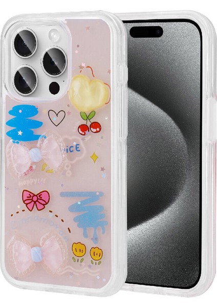 Apple iPhone 15 Pro Max Kılıf Kabartma Figürlü Parlak Tcmk Minimini Silikon Kapak-Pembe