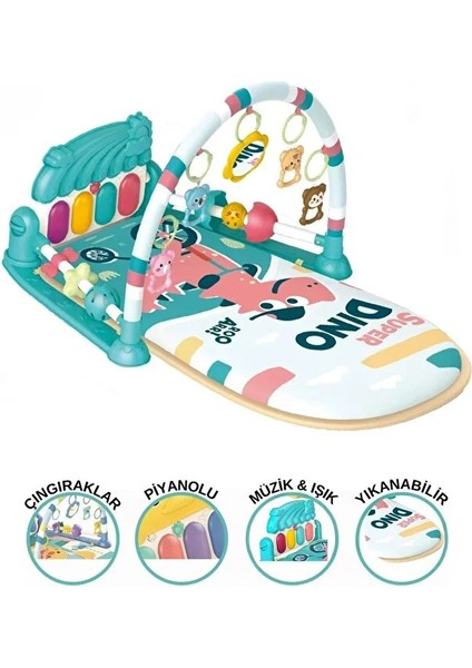 Bebek Oyun Halısı Piyanolu, Gökkuşağı Dinozor Desenli 73 cm Sesli Dönenceli Bebek Halısı