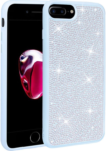 Apple iPhone 7 Plus Kılıf Parlak Taşlı Tasarım Tcmk Ston Kapak-Mavi Açık
